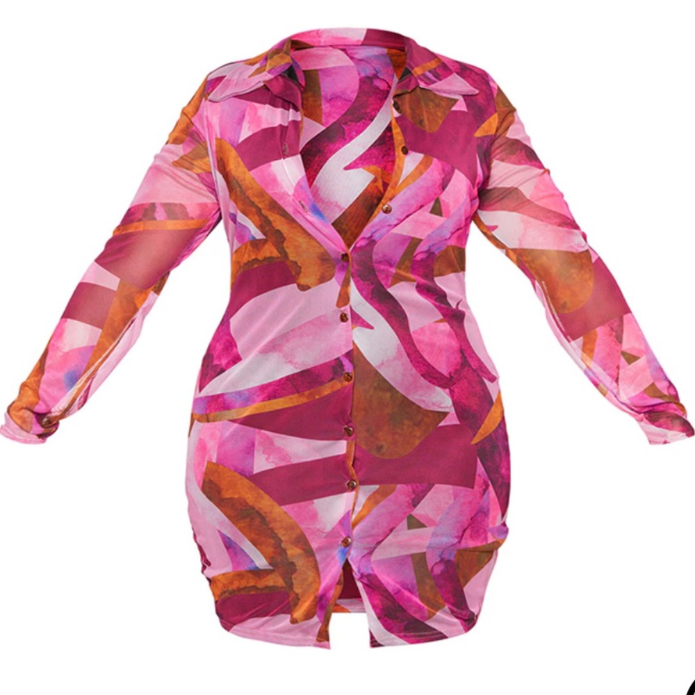 Plt Plus Pink Abstract Mesh Button Down Shirt Dre… - image 5